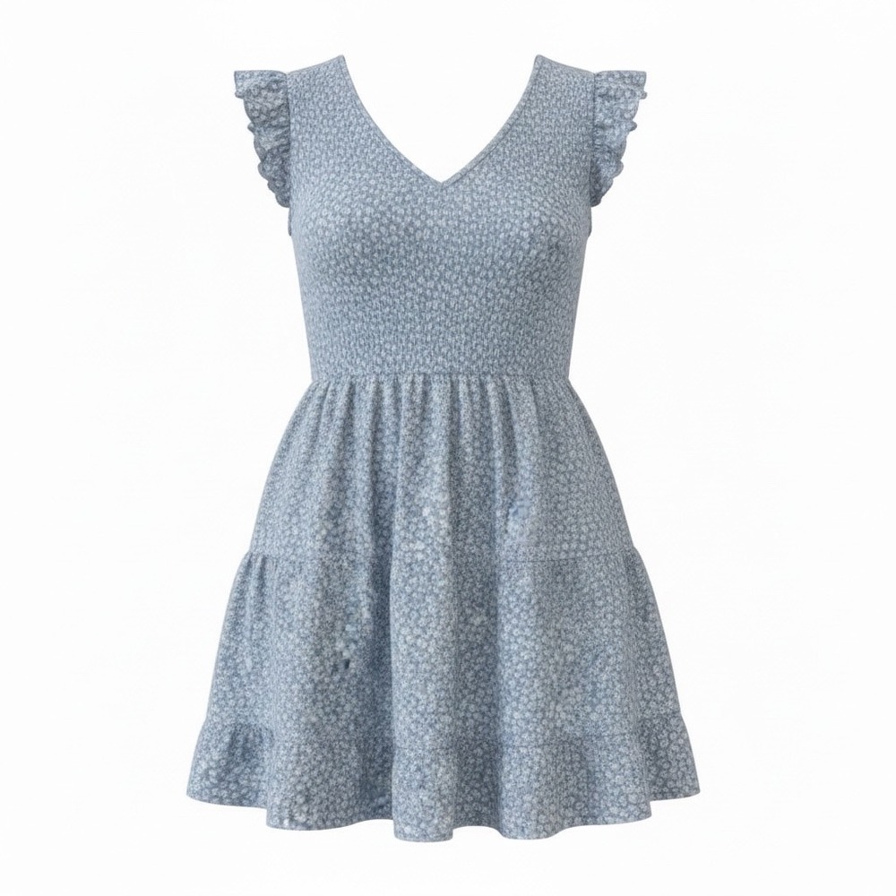 French Grey Blue Floral Smocked Mini Dress Flutter Sleeve Medium DS2266A-ST